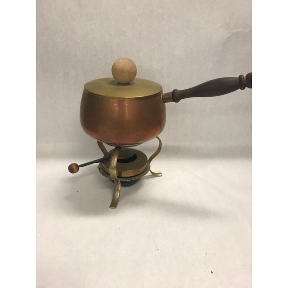 unknown Dining Vintage Copper Brass Fondue Pot Pan Handle Sterno